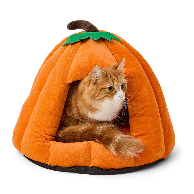 Halloween Jack O’ Lantern Igloo Bed – Orange Hideaway for Cats & Small Dogs